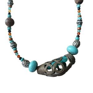 Native Tribal Boho Necklace Turquoise Silver Glass Multi-Color Seed Beads Unisex